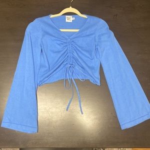 Princess Polly Blue Long Sleeve Crop Top Cinch Tie Front XS/S Bell Sleeve Cotton